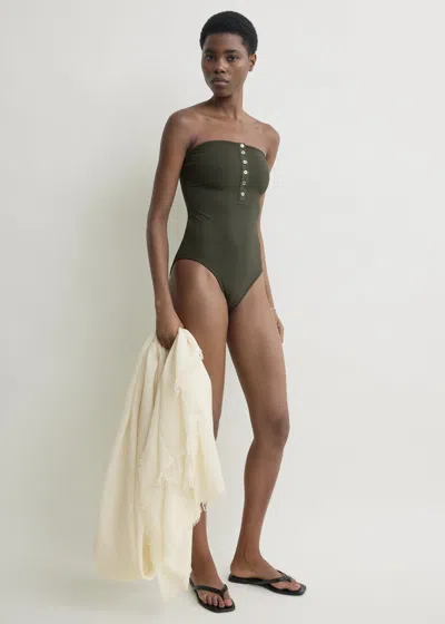 Totême Ribbed Strapless Swimsuit Dark Green
