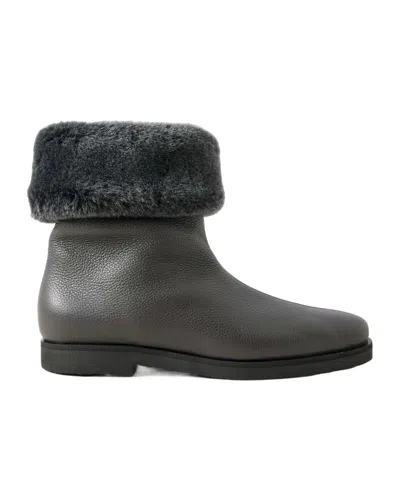 Totême The Off-duty Faux Fur-trimmed Textured-leather Ankle Boots In Gray