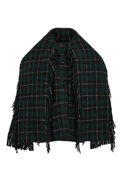 Totême Scarf-collared Checkered Jacket With Fringe Trim In Green