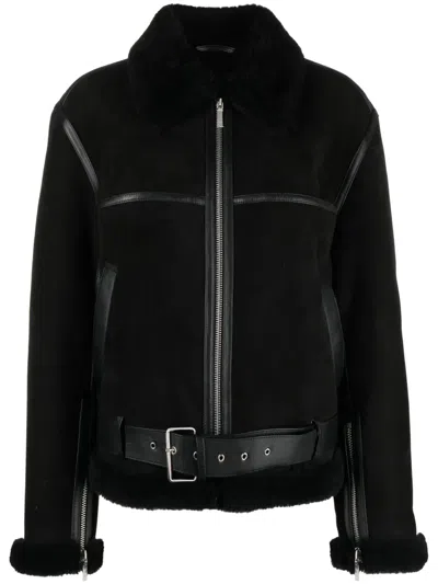 Totême Shearling-trim Zip-up Suede Jacket In Black