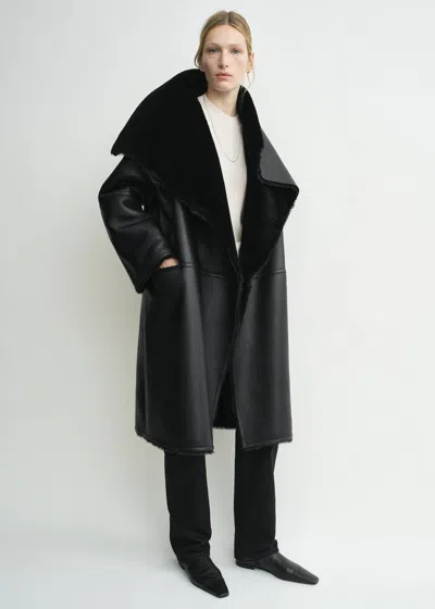 Totême Shearling Wrap Coat Black Petite