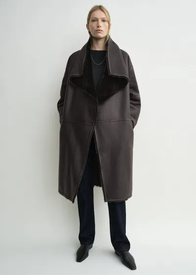 Totême Shearling Wrap Coat Dark Brown Petite