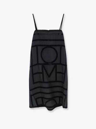 Totême Short Silk Dress With All-over Monogram In Black