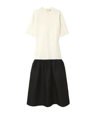 Totême Twinflower Gathered Ribbed-knit And Wool And Silk-blend Crepe Midi Dress In White