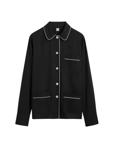 Totême Toteme Silk Pajama Top With Mother-of-pearl Buttons And Chest Pocket In Black