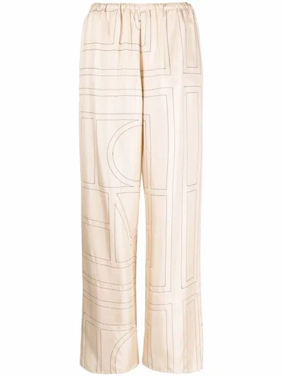 Totême Monogram Silk Straight-leg Ankle Pajama Pants In Brown