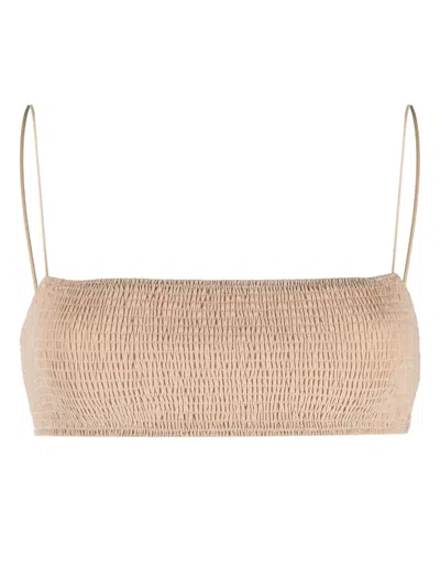 Totême Smocked Square-neck Bikini Top In Beige