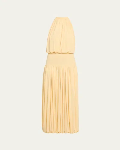 Totême Toteme Sleeveless Ruched Midi Dress In Yellow Viscose In Brown