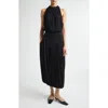 Totême Black Fluid Viscose Gathered Midi Dress In Black