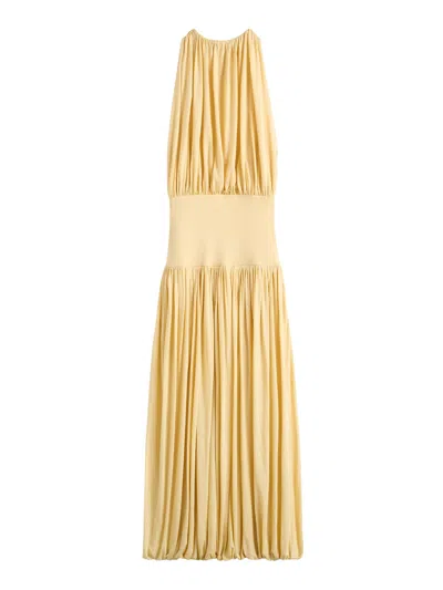 Totême Toteme Sleeveless Ruched Midi Dress In Yellow Viscose In Brown