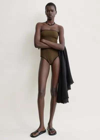 Totême Stripe Edge Strapless Swimsuit Walnut In Brown