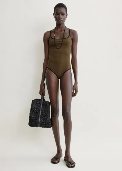 Totême Stripe Edge Swimsuit Walnut In Brown