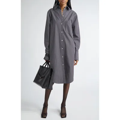 Totême Toteme Stripe Oversize Long Sleeve Organic Cotton Poplin Shirtdress In Gray