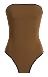 Totême Toteme Striped Edge Strapless Swimsuit In Brown
