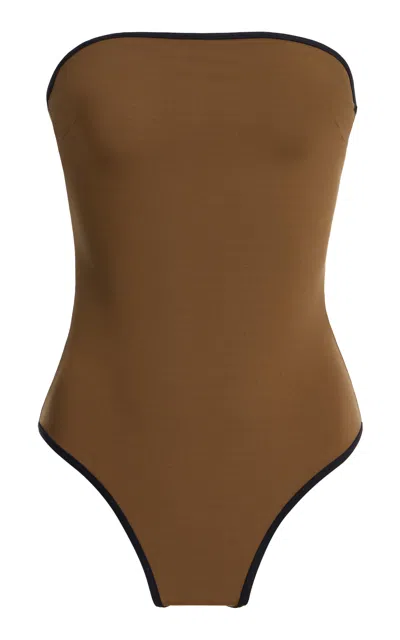 Totême Toteme Striped Edge Strapless Swimsuit In Brown