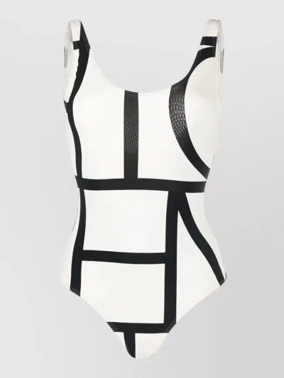 Totême Swimsuit Geometric Pattern High Cut Scoop In White