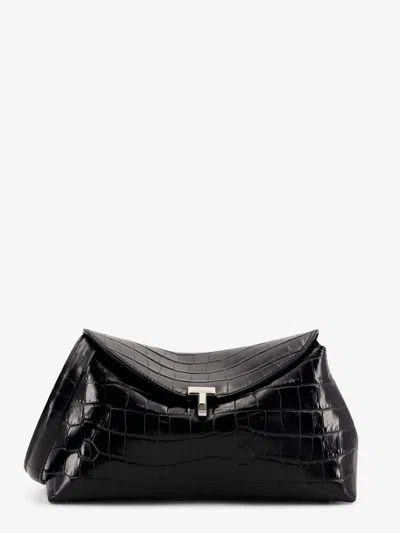 Totême T-lock Clutch Leather Shoulder Bag With Croco Effect In Black