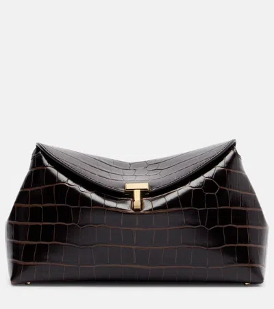 Totême T-lock Croc-effect Leather Clutch In Brown