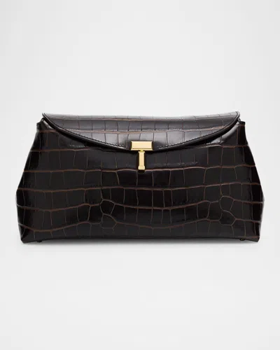 Totême T-lock Croc-embossed Leather Clutch Bag In Brown