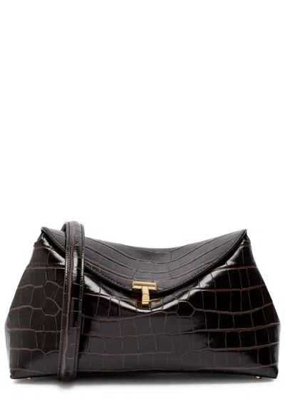 Totême Toteme T-lock Crocodile-effect Leather Clutch In Brown