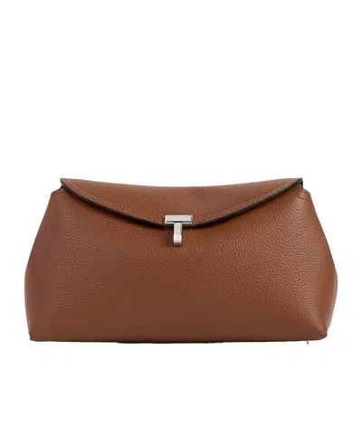 Totême T-lock Grained-leather Clutch In Brown