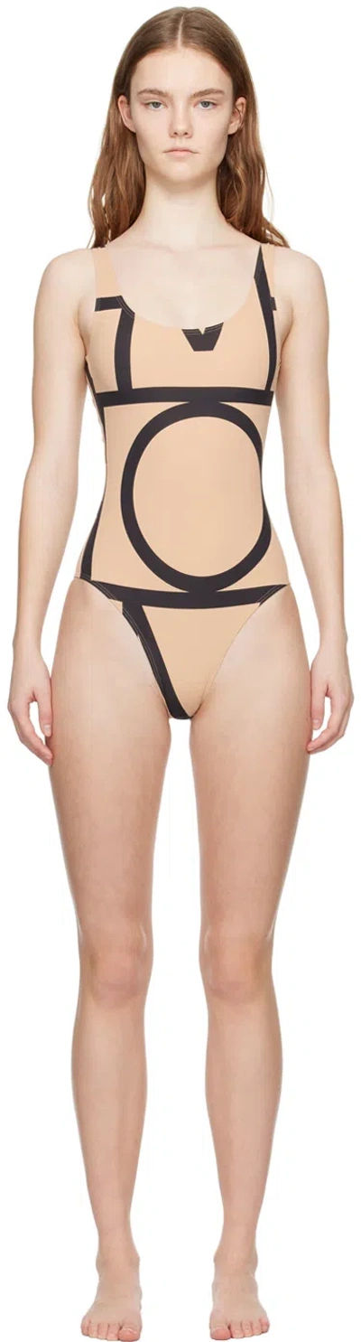Totême Tan & Black Monogram Swimsuit In 910 Monogram Print