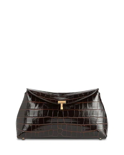 Totême T-lock Croc-embossed Convertible Clutch In Dark Brown