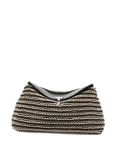 Totême Mini T-lock Woven-leather Clutch Black/sand In Brown