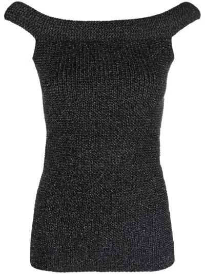 Totême Driana Off-the-shoulder Metallic Ribbed-knit Top In Black