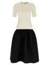 Totême Twinflower Gathered Ribbed-knit And Wool And Silk-blend Crepe Midi Dress In White