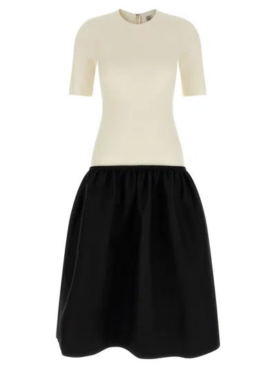 Totême Twinflower Gathered Ribbed-knit And Wool And Silk-blend Crepe Midi Dress In Neutral