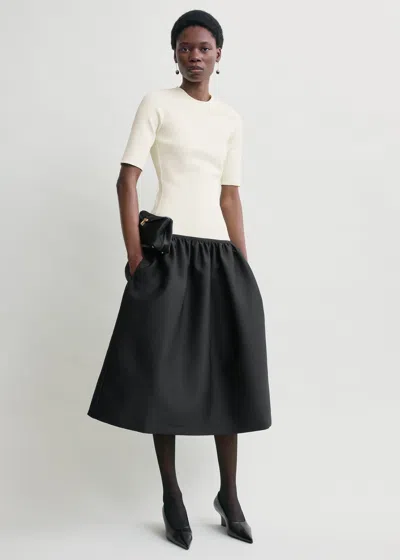 Totême Twinflower Gathered Ribbed-knit And Wool And Silk-blend Crepe Midi Dress In Neutral