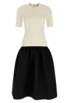 Totême Twinflower Gathered Ribbed-knit And Wool And Silk-blend Crepe Midi Dress In Neutral