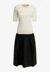 Totême Twinflower Gathered Ribbed-knit And Wool And Silk-blend Crepe Midi Dress In Multi