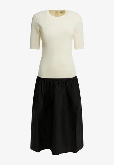 Totême Twinflower Gathered Ribbed-knit And Wool And Silk-blend Crepe Midi Dress In White