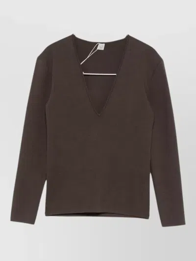 Totême V Neck Sweater Fitted Ribbed Knit In Brown