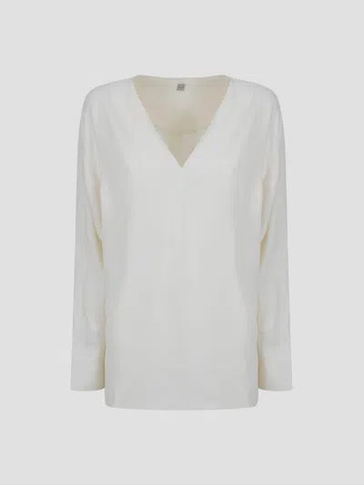 Totême Toteme V-neck Twill Blouse In Stone
