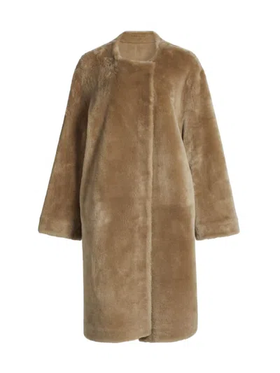 Totême Beige Collarless Shearling Coat In Brown