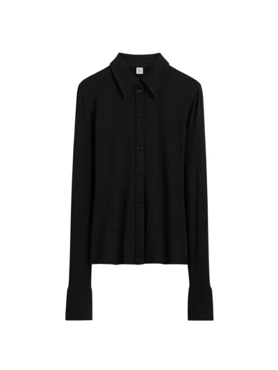 Totême Toteme Women's Slim-fit Open-collar Button-up Long Sleeve Shirt With Buttoned Cuffs In Black