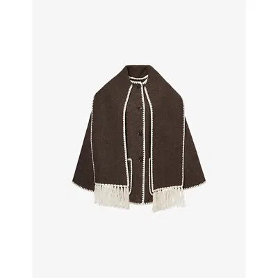 Totême Womens Chocolate Melange Embroidered-trim Scarf Wool-blend Jacket In Brown
