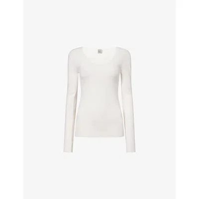 TOTÊME WOMENS ECRU RIBBED SCOOP-NECK STRETCH-WOOL BLEND TOP XS