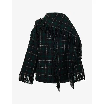 Totême Womens Plaid Fringed Wool-blend Scarf Jacket Pine Black