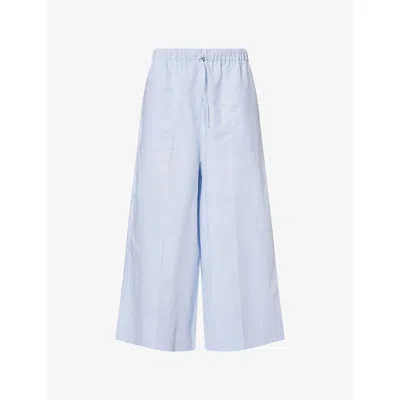 Totême Womens Sky Logo-embroidered Wide-leg Cotton And Linen Trousers In Blue
