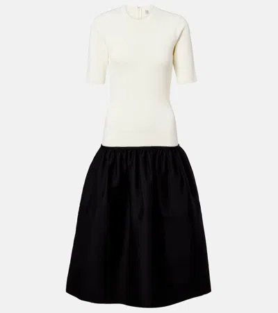 Totême Twinflower Gathered Ribbed-knit And Wool And Silk-blend Crepe Midi Dress In White