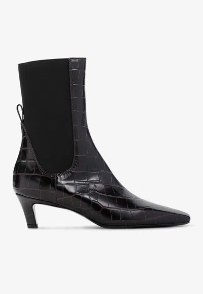Totême Toteme Women The Mid Heel Boot Leather Boots With Croco Effect In Brown