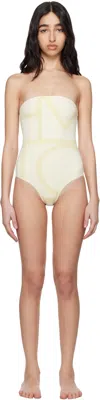 Totême Monogram Bandeau Swimsuit Geometric High-cut Strapless In Ecru/straw 282