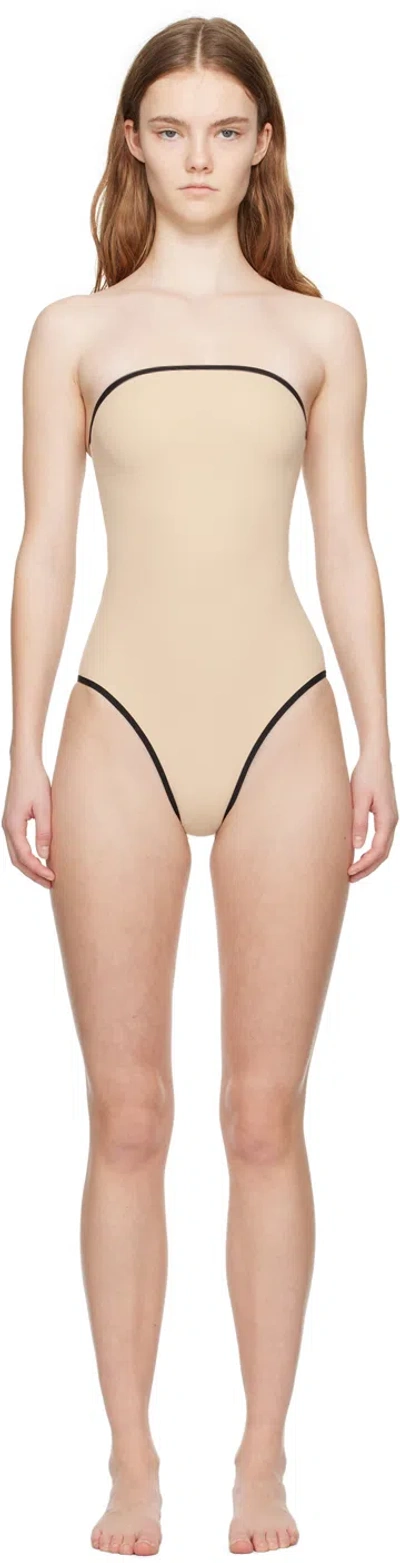 Totême Beige Stripe Edge Swimsuit In 056 Light Hay