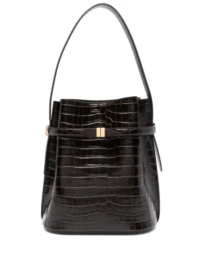 Totême Belted Crocodile-embossed Bucket Bag In Black