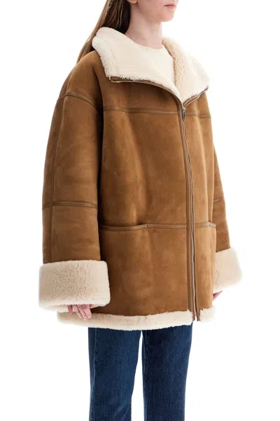 Totême Biscuits Shearling Lamb Leather Jacket With Wide Collar In Beige