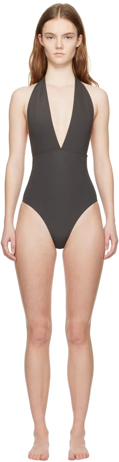 Totême Brown Halterneck Swimsuit In 128 Anthracite